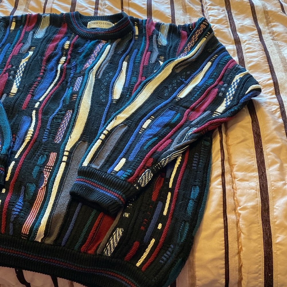 Vintage Enrico Uomo Black/blue/maroon Crewneck cotton Sweater with Textured Knit - Picture 3 of 4